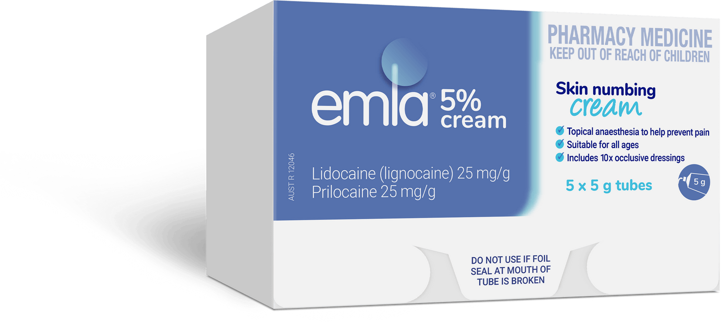 Emla 5% Skin Numbing Cream 5 x 5g with 10 Dressings